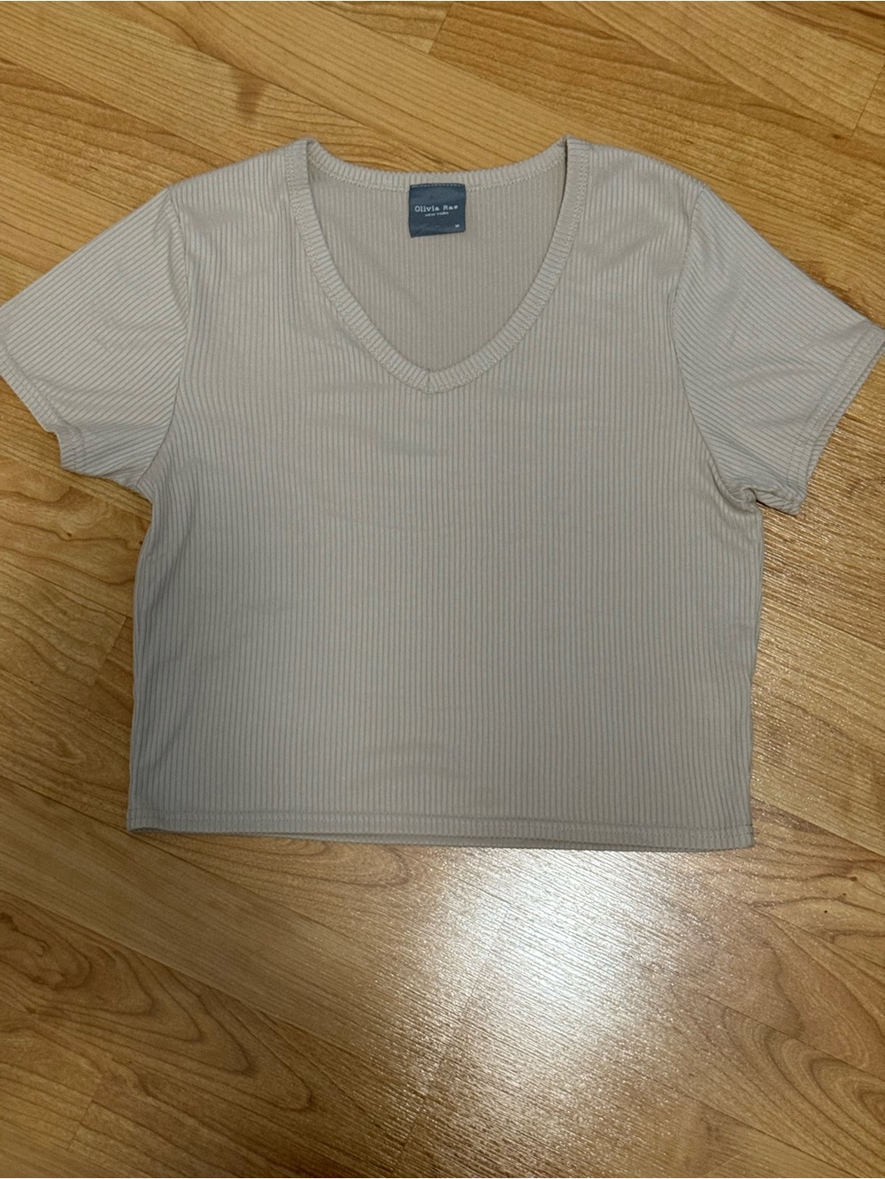 Olivia Rae Ribbed V-Neck Crop Top in Taupe